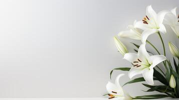 AI generated A minimalist Easter scene featuring a lone, graceful lily on a pristine white backdrop. photo