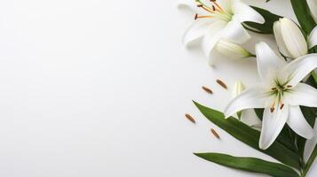 AI generated A minimalist Easter scene featuring a lone, graceful lily on a pristine white backdrop. photo