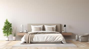 AI generated A minimalist luxury bedroom with a plush, oversized headboard and soft, neutral tones. photo