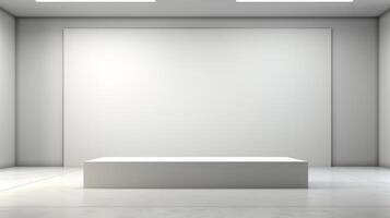 ai generado un minimalista podio en un contemporáneo Arte galería con un prístino blanco fondo. foto