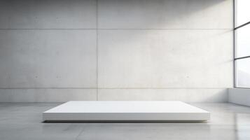 AI generated A minimalist podium in a contemporary art gallery with a pristine white backdrop. photo