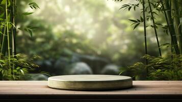 AI generated A minimalist podium in a quiet bamboo grove, creating a sense of serenity and calm. photo