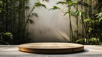 AI generated A minimalist podium in a quiet bamboo grove, creating a sense of serenity and calm. photo