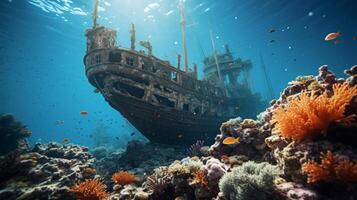 AI generated A mysterious shipwreck encrusted with colorful coral and inhabited by curious marine creatures. photo