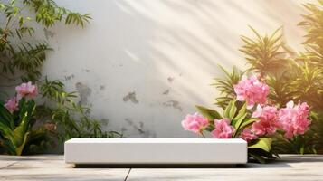 AI generated A minimalist podium in a serene garden, framed by vibrant flowers and vibrant foliage. photo