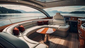 AI generated A minimalistic luxury yacht interior with polished wood and leather accents. photo