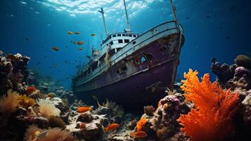 AI generated A mysterious shipwreck encrusted with colorful coral and inhabited by curious marine creatures. photo