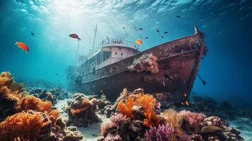 ai generado un misterioso naufragio incrustado con vistoso coral y poblado por curioso marina criaturas foto