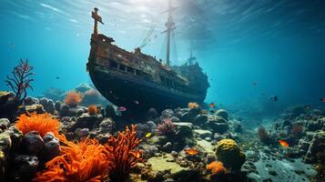 AI generated A mysterious shipwreck encrusted with colorful coral and inhabited by curious marine creatures. photo
