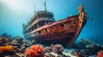 ai generado un misterioso naufragio incrustado con vistoso coral y poblado por curioso marina criaturas foto