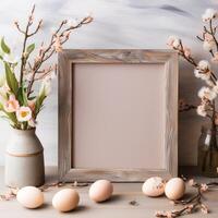 AI generated A serene Easter background showcasing a clean wooden frame and subtle pastel elements. photo