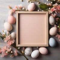 AI generated A serene Easter background showcasing a clean wooden frame and subtle pastel elements. photo