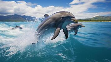 ai generado un juguetón vaina de delfines, saltando y retozando en el espumoso azul mar. foto