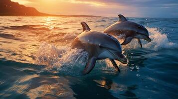 AI generated A playful pod of dolphins, leaping and frolicking in the sparkling blue sea. photo