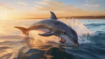 AI generated A playful pod of dolphins, leaping and frolicking in the sparkling blue sea. photo