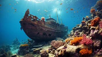 AI generated A mysterious shipwreck encrusted with colorful coral and inhabited by curious marine creatures. photo