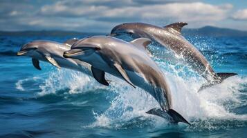 AI generated A playful pod of dolphins, leaping and frolicking in the sparkling blue sea. photo