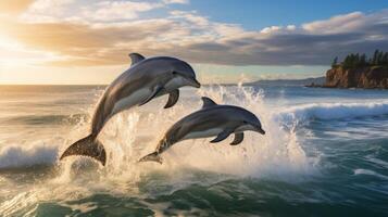 AI generated A playful pod of dolphins, leaping and frolicking in the sparkling blue sea. photo