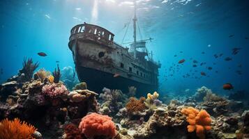 AI generated A mysterious shipwreck encrusted with colorful coral and inhabited by curious marine creatures. photo