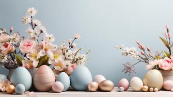 AI generated A serene stage adorned with pastel Easter banners, blooming flowers, and colorful egg accents. photo