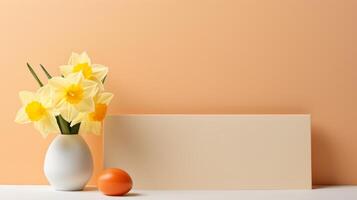 AI generated A sophisticated Easter place card design with a single, embossed daffodil on ivory cardstock. photo