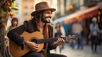 AI generated A street musician serenading passersby with a melodic tune, adding charm to the city. photo