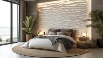 AI generated A stylish bedroom with a gypsum headboard wall, its textured surface resembling rippling water. photo