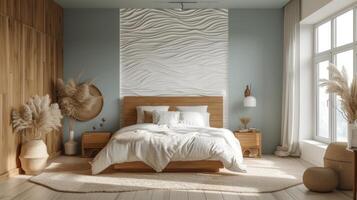 AI generated A stylish bedroom with a gypsum headboard wall, its textured surface resembling rippling water. photo