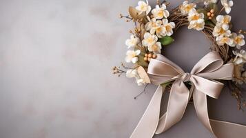 AI generated A stylish Easter wreath adorned with a solitary silk ribbon, suspended on a neutral wall. photo