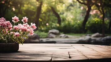 AI generated A tranquil empty stage in a serene garden with blooming flowers and a natural backdrop. photo