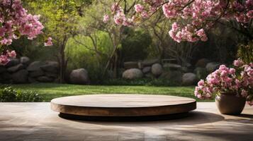 AI generated A tranquil empty stage in a serene garden with blooming flowers and a natural backdrop. photo