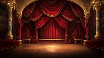 AI generated A vacant theater stage surrounded by ornate gold curtains and a majestic red velvet backdrop. photo