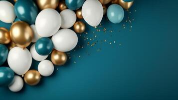 AI generated abstract minimalist background with blue and gold balloons frame. photo