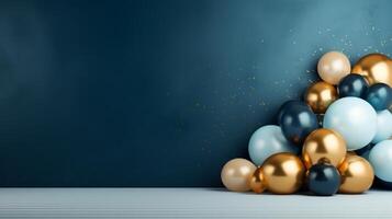 AI generated abstract minimalist background with blue and gold balloons frame. photo