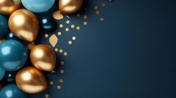 AI generated abstract minimalist background with blue and gold balloons frame. photo