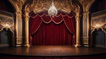 AI generated A vacant theater stage surrounded by ornate gold curtains and a majestic red velvet backdrop. photo