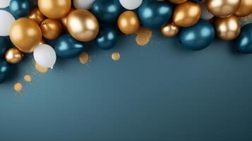 AI generated abstract minimalist background with blue and gold balloons frame. photo