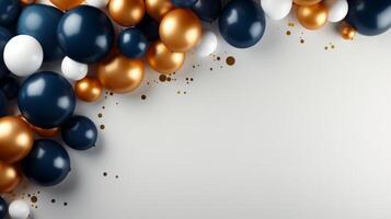 AI generated abstract minimalist background with blue and gold balloons frame. photo