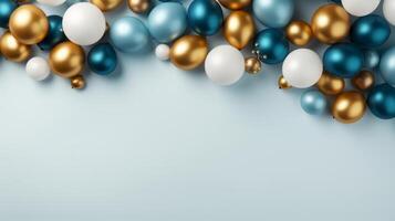 AI generated abstract minimalist background with blue and gold balloons frame. photo