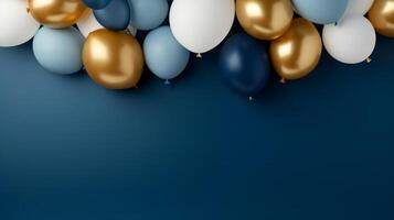 AI generated abstract minimalist background with blue and gold balloons frame. photo