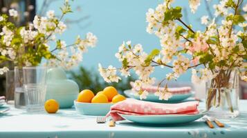 AI generated A vibrant spring celebration scene featuring a floral tablecloth and colorful tableware. photo