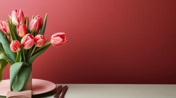 AI generated An elegant Easter table setting adorned with a solitary, artfully arranged tulip as the centerpiece. photo