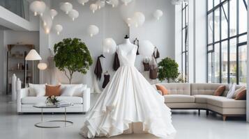 AI generated An exclusive fashion showroom with pristine white walls and avant-garde spring designs. photo