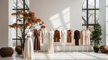 AI generated An exclusive fashion showroom with pristine white walls and avant-garde spring designs. photo