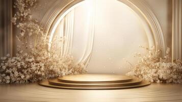 ai generado un opulento primavera Moda etapa con minimalista oro y blanco decoración, exudando elegancia. foto