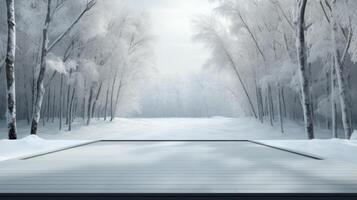 AI generated An empty catwalk amidst a pristine snowy forest, with trees draped in white. photo