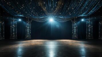 AI generated An opulent empty event stage with a shimmering crystal curtain backdrop and grandeur photo