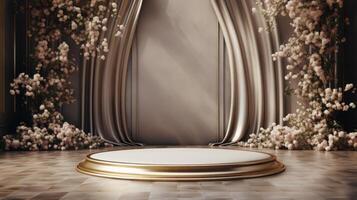 AI generated An opulent spring fashion stage with minimalistic gold and white decor, exuding elegance. photo