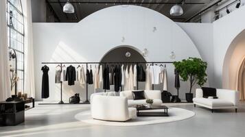 AI generated An exclusive fashion showroom with pristine white walls and avant-garde spring designs. photo