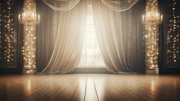 AI generated An opulent empty event stage with a shimmering crystal curtain backdrop and grandeur photo